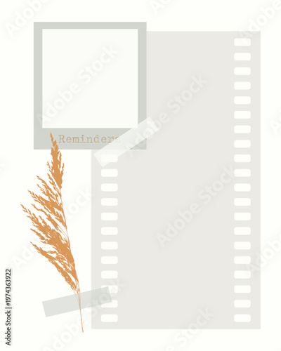 Minimalist scrapbook template with film frame, film strip, washi tape and dried pampas grass branch for social media posts, moodboards and digital journaling. Vector illustration