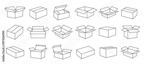 Isometric Cardboard Box Line illustration Vector Set, Open and Closed Shipping Packages