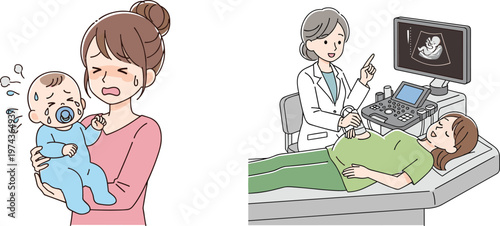 Pregnancy, ultrasound, baby, crying, mother, infant, prenatal, checkup, healthcare, medical, parenting, newborn, clinic, diagnosis, care, family, illustration, cartoon, maternity, concept