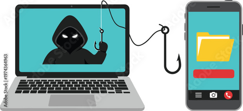 Phishing, attack, cybersecurity, hacker, laptop, smartphone, data, theft, scam, fraud, security, internet, online, risk, protection, illustration, vector, concept, warning, hacking