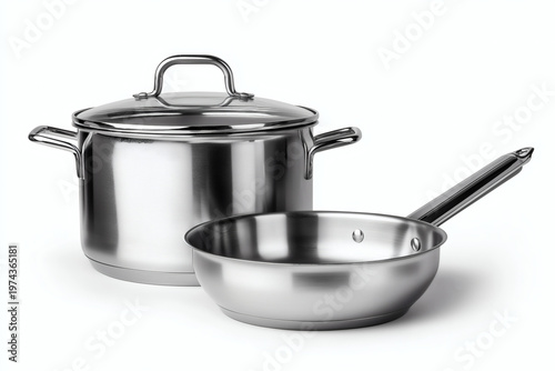 Professional Stainless Steel Cookware Set with Pot and Frying Pan Isolated on White