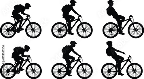 WebMountain biker silhouette set, cyclists with backpacks in various riding positions, active man on bicycle isolated on white background, vector.