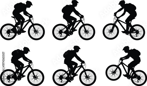 WebMountain biker silhouette set, cyclists with backpacks in different riding positions and wheelies, active man on bicycle isolated on white.