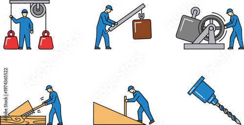 Workers, tools, simple, machines, mechanics, physics, labor, engineering, construction, force, motion, pulley, lever, wheel, incline, drill, illustration, icon, set, vector