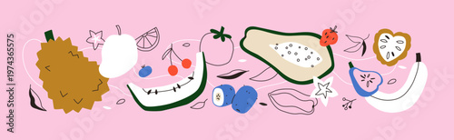Tropical fruits, exotic food, horizontal banner, composition. Healthy natural pattern with modern doodle style banana, papaya, durian, mango, strawberry. Creative whimsical flat vector illustration