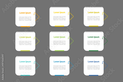 For business concept with 9 steps infographics, white rectangle shape with multicolor label, design for workflow layout, diagram, annual report, web design. vector illustration