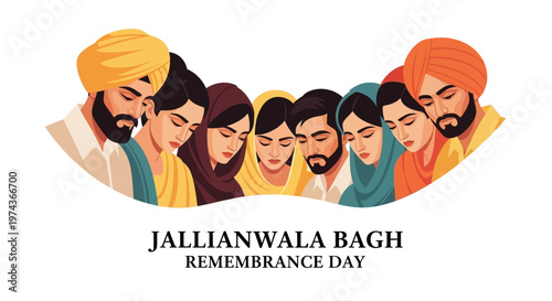 Somber Jallianwala Bagh Remembrance Day illustration depicting a diverse group of Indians with bowed heads in solemn tribute to martyrs, set against a clean white background