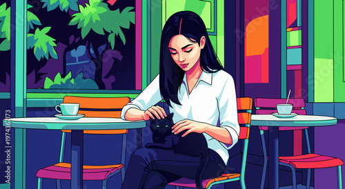 Vector illustration of a woman reading peacefully in a colorful modern café by window with trees