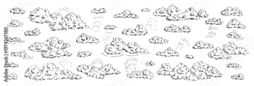 Clouds sketch with wind, rain and sun beams. Sky with different weather elements in a linear doodles. Vector sketchy cloudscape background. Fluffy, gloomy and quirky sky forms isolated.