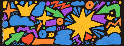 Childish doodle geometric shapes with grunge texture set. Stars, crown, arrows and vector figures by pencil. Organic playful stickers doodle isolated on dark background. Graphic hand drawn elements.