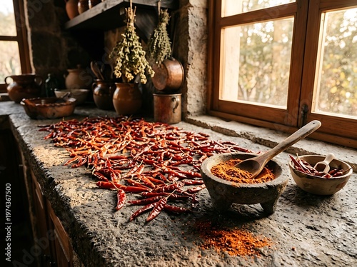 A rustic kitchen countertop featuring dried chile arbol peppers spread out alongside a stone molcajete filled with freshly ground spicy red chili powder