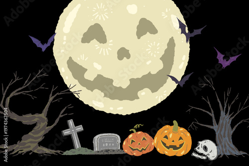 Halloween background illustration with creepy pumpkin moon graves and bats