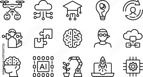Artificial intelligence and automation outline icon set with robotics machine learning cloud computing and smart technology vector collection