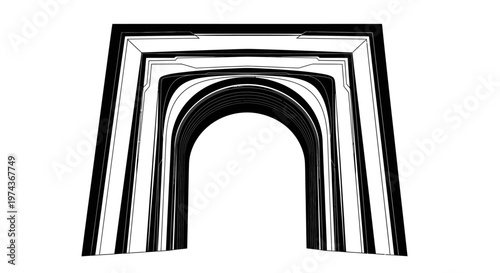 Abstract black and white nested archway tunnel with receding perspective