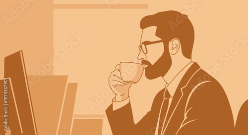 Bearded businessman wearing glasses drinking coffee in office