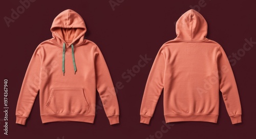 Front and Back View of a Coral Peach Hooded Sweatshirt Displayed as a Flat Lay Mockup on a Dark Maroon Background for Streetwear Design and E-commerce Apparel Listings
