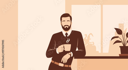 Bearded man drinking coffee by office window in morning