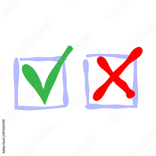 Hand drawn checkmark and cross icons with green tick and red x symbols in sketch style on light background for ui design feedback systems voting forms and approval concepts.Vector illustration