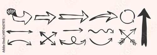 Hand drawn arrow set with curved straight circular and directional arrows in sketch style isolated on light background for ui design infographics navigation elements and web. Vector illustration