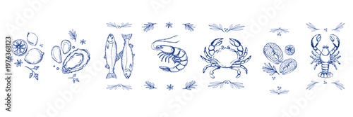 Hand drawn seafood icon set with fish shrimp crab lobster oyster mussel and lemon elements in blue line style for menu design packaging restaurant branding, food related graphics.Vector illustration