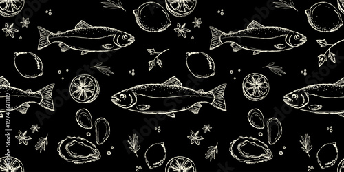 Seamless pattern with hand drawn fish lemon slices oyster and herbs seafood vector illustration design for packaging menu design restaurant branding kitchen decor textile wallpaper, food backgrounds
