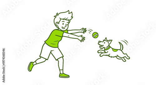Boy throwing ball to happy dog playing fetch