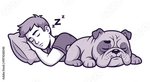 Boy and bulldog sleeping peacefully together on white background
