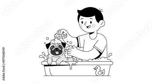 Boy washing cute pug dog in a bathtub with bubbles