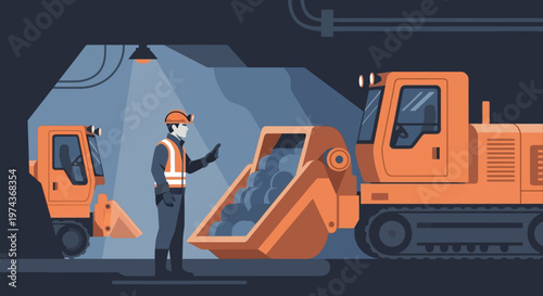 Construction site equipment in flat design with worker and machinery