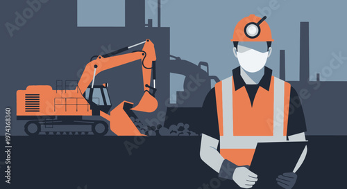 Construction site worker with excavator at industrial background in modern flat design