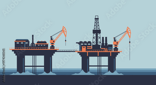 Flat design offshore oil rig with cranes and machinery on ocean