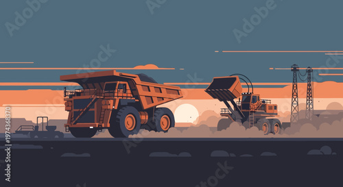 Mining vehicles in action at sunset in a moody desert landscape