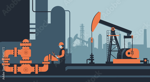 Industrial oil rig scene with engineer in flat geometric style
