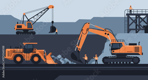Construction site with heavy machinery and workers in action