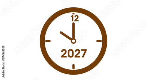 Brown analog clock showing 2027 year.
