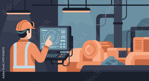 Industrial automation control room with engineer operating machinery