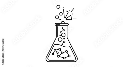 Bubbling conical flask with molecular structure, chemical experiment icon