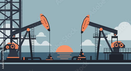 Silhouette oil pumping rigs at sunset with sea and clouds background