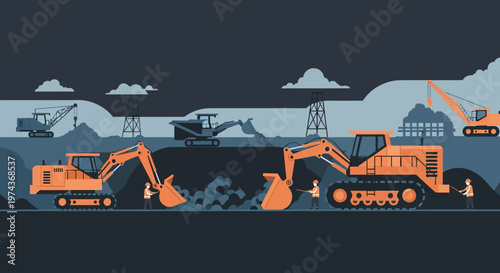 Industrial construction scene with heavy machinery and equipment silhouette