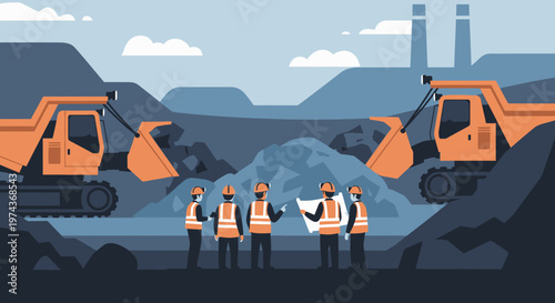 Construction team discussing plans at mining site with excavators in flat design