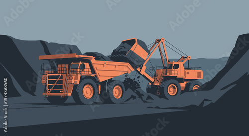 Heavy machinery in action at a quarry site with loader and dump truck