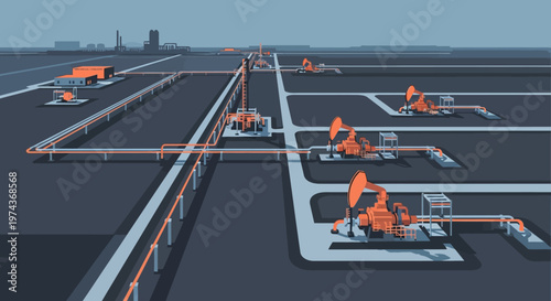 Isometric industrial oil pumping station with pipelines and infrastructure in blue and orange tones