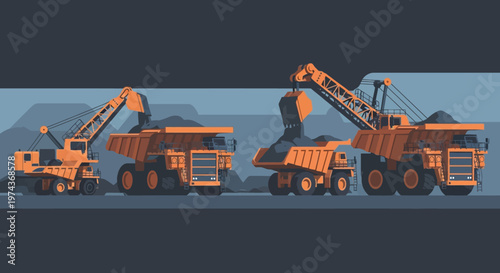 Construction machinery in flat design depicting excavators and dump trucks in mining scene