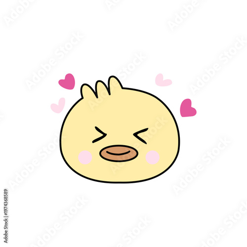 Cute Kawaii Duck Face with Joyful Closed Eyes and Floating Pink Hearts in Flat Cartoon Style