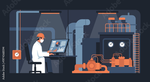 Factory automation control room with engineer analyzing data in industrial environment