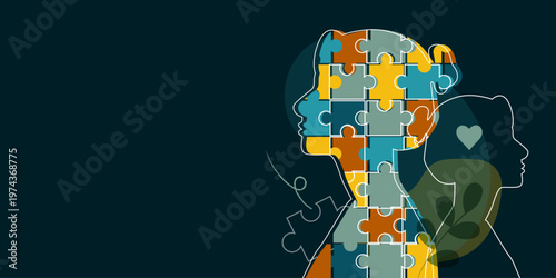 Face silhouettes with puzzle elements. 