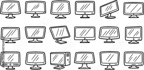 Technology Hand-drawn Computer Monitors and Screens Line Art Collection - Desktop Displays and Digital Devices Doodle Icon Set