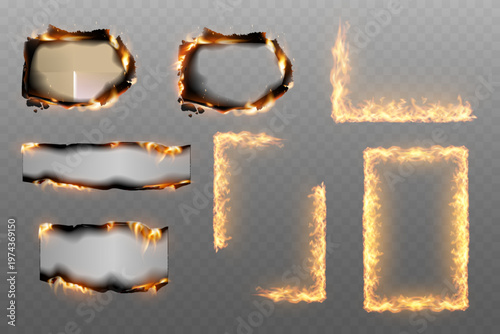 Realistic burning borders with charcoal, embers, and fiery frames on transparent background