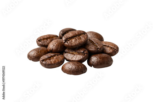 Roasted coffee beans pile isolated on light background with soft shadow macro