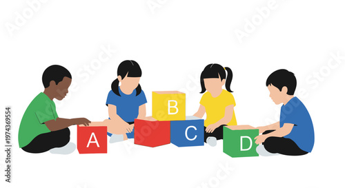 Children playing with colorful alphabet blocks.
